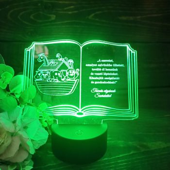  Fényemlék LED talppal - Nyitott Biblia Noé bárkája gravírozással